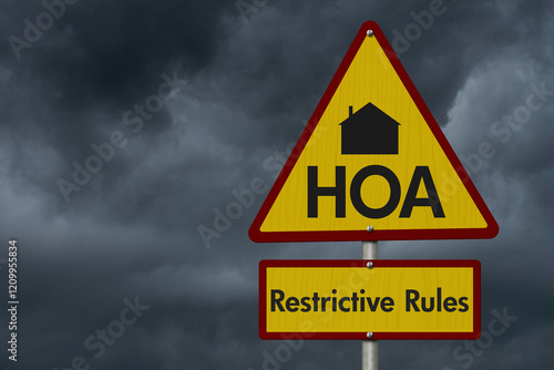  HOA restrictive rules warning sign against stormy sky