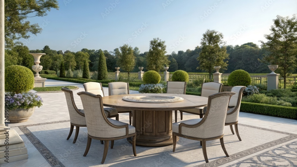 A large round dining table surrounded by six high-backed chairs in a formal garden setting, formal dining arrangement, elegant patio furniture, round dining table A large round dining table surrounded by six high-backed chairs in a formal garden setting, formal dining arrangement, elegant patio furniture, round dining table