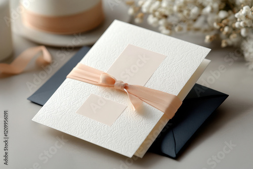 Elegant wedding invitation with peach ribbon and black envelope on white table