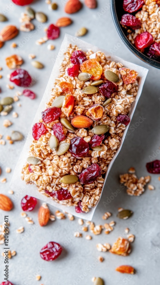 Texture-rich bulgur bars with cranberries and pumpkin seeds highlighted Texture-rich bulgur bars with cranberries and pumpkin seeds highlighted