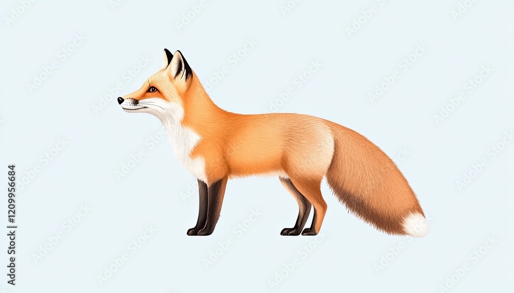 Stylized side view of a fox with a fluffy tail against a light blue background Stylized side view of a fox with a fluffy tail against a light blue background