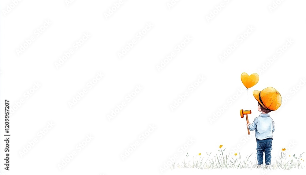 Child holding a heart-shaped balloon in a grassy field, symbolizing joy and innocence Child holding a heart-shaped balloon in a grassy field, symbolizing joy and innocence