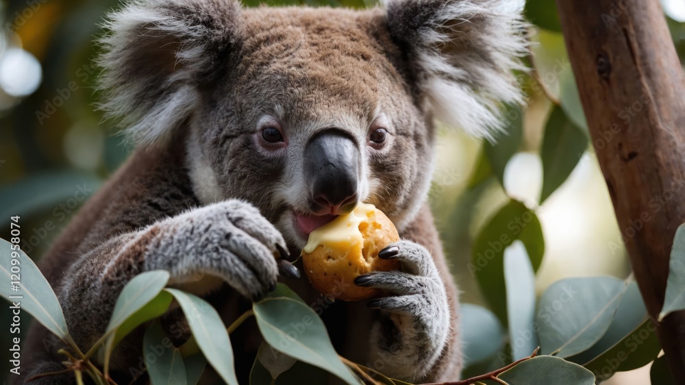 Obraz premium A koala munching on a piece of fruit among eucalyptus leaves.