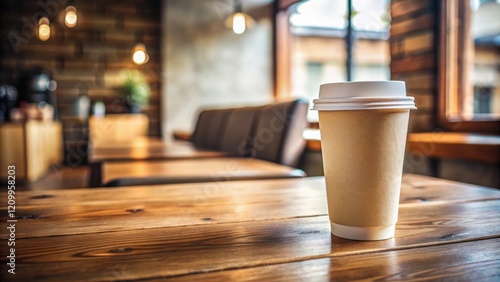 A single disposable coffee cup sits on a rustic wooden table in a cozy cafe
