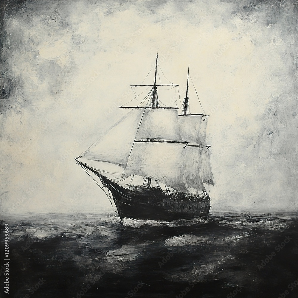 Fototapeta premium Monochrome Seascape: A Classic Sailing Ship at Sea