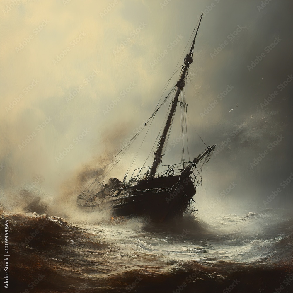 Fototapeta premium Shipwreck in a Storm: A Dramatic Sea Painting