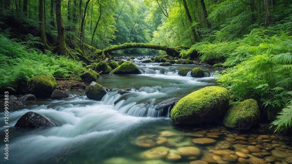 river flowing through a lush green forest, with moss-covered rocks lining the banks. The water flows gently, creating a peaceful atmosphere river flowing through a lush green forest, with moss-covered rocks lining the banks. The water flows gently, creating a peaceful atmosphere