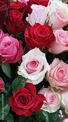A Bouquet of Red Pink and White Roses