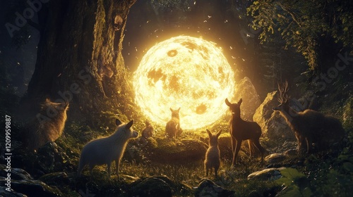 Magical forest scene with animals gazing at a giant glowing moon.