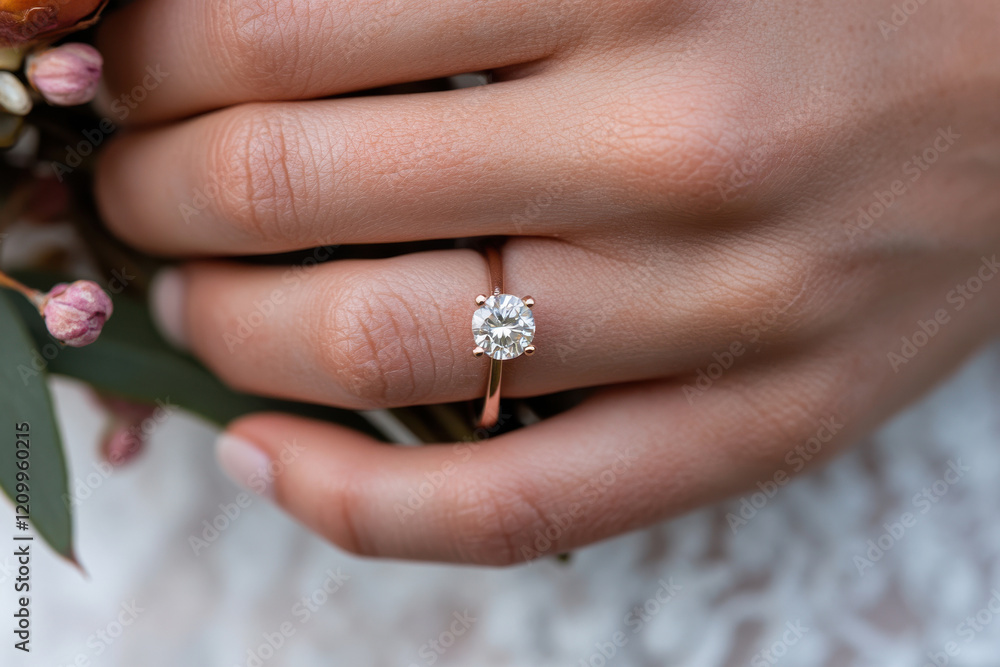 Elegant diamond engagement ring on female hand with floral bouquet Elegant diamond engagement ring on female hand with floral bouquet