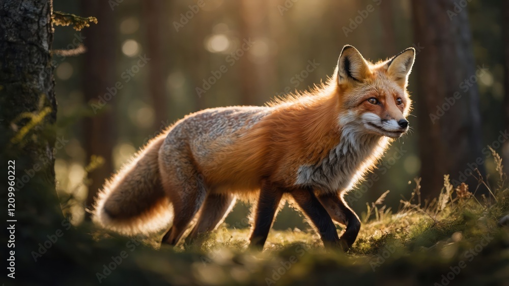 A majestic red fox walking through a sunlit forest. A majestic red fox walking through a sunlit forest.