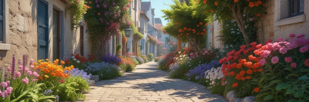a quiet seaside alleyway lined with colorful flower beds, coastal, tranquil a quiet seaside alleyway lined with colorful flower beds, coastal, tranquil