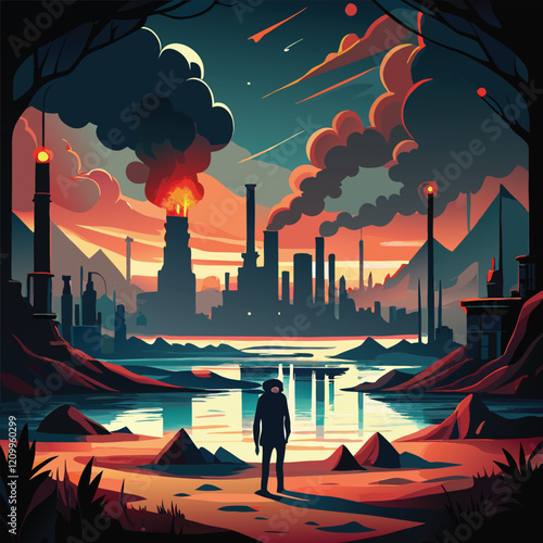 A lone figure confronts a polluted industrial landscape.