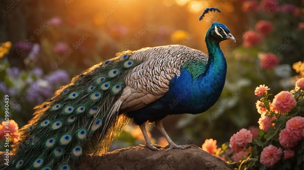 Obraz premium A vibrant peacock stands amidst colorful flowers during sunset.