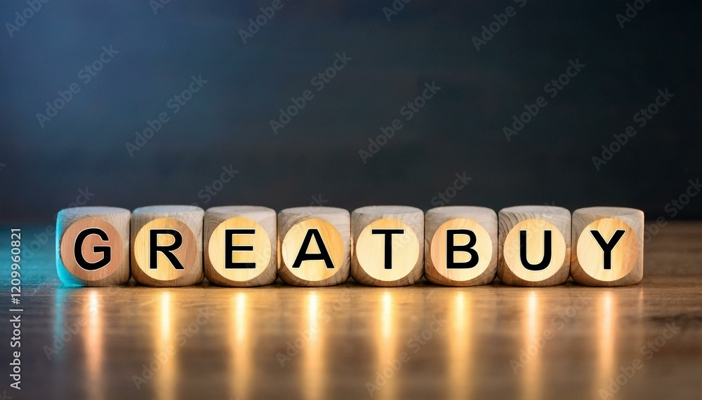 Obraz premium お買い得価格を意味する英単語のGreat buyの文字が書かれた木製のキューブブロックが横に並んでいる。aiで生成