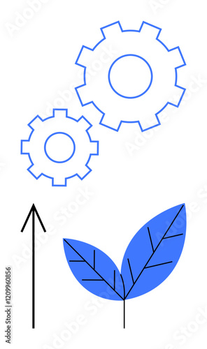 Gears, arrow, and leaves illustrating synergy between technology and nature. Ideal for themes of innovation, sustainability, eco-friendly practices, technological advancement, green growth