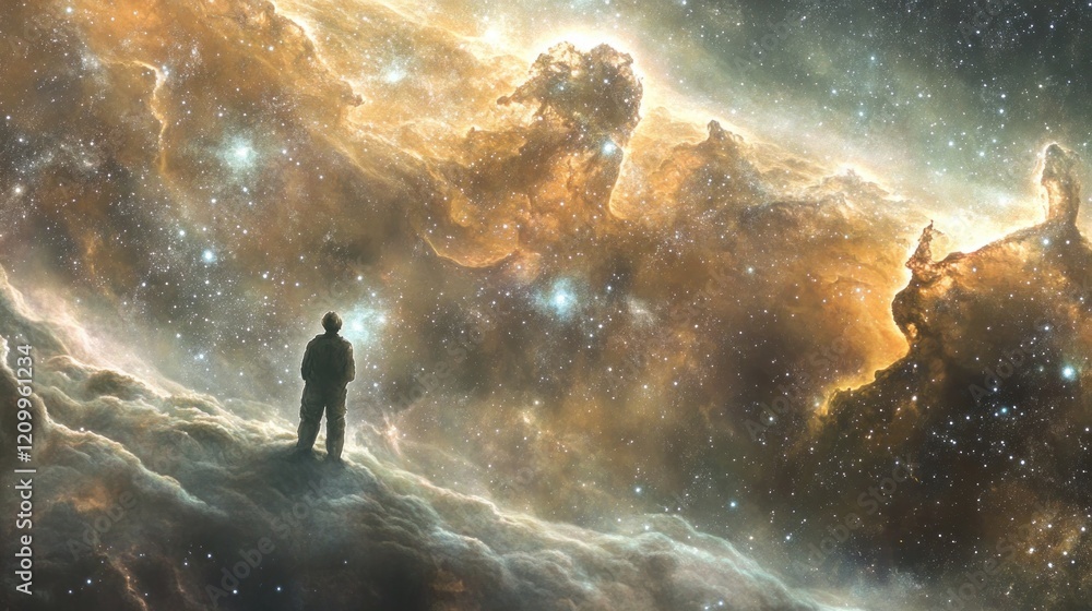 Solitary figure on a cloud, gazing at a vast, golden nebula in space. Solitary figure on a cloud, gazing at a vast, golden nebula in space.