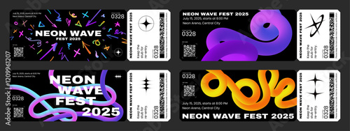 Modern ticket template for an event or festival, featuring vibrant neon gradients. Mockup ticket with stub. Futuristic design elements on 4 templates. Pass to enter the event. Vector Ticket Mockup.