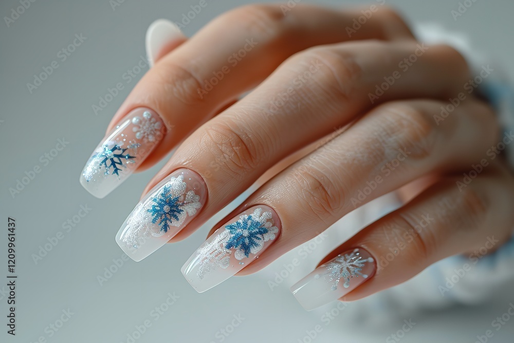 A close-up of a woman's hand embellished with blue and white snowflakes on a white backdrop including ample space for text or background use, Generative AI. A close-up of a woman's hand embellished with blue and white snowflakes on a white backdrop including ample space for text or background use, Generative AI.