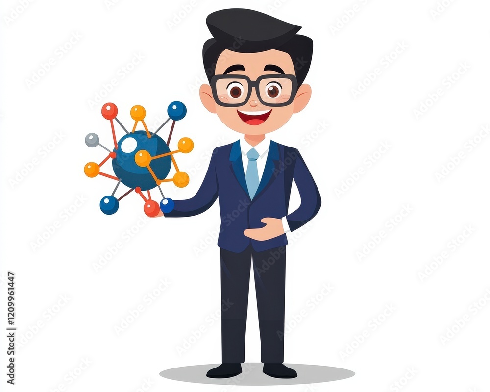Cheerful Man Holding Scientific Model of Atom in Professional Attire Cheerful Man Holding Scientific Model of Atom in Professional Attire