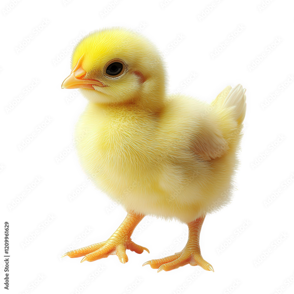 Fototapeta premium cute. fluffy yellow chick standing upright against a plain white background its bright appearance and soft feathers evoke feelings of warmth and innocence. making it suitable for children's content. e
