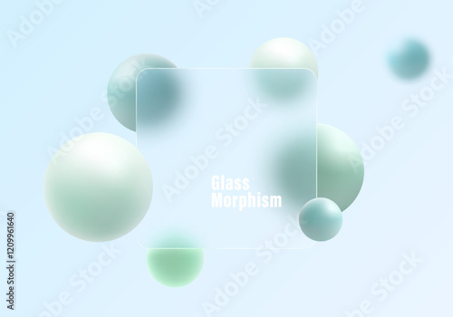 Website landing page background in glass morphism style. Frosted glass partition with floating spheres.