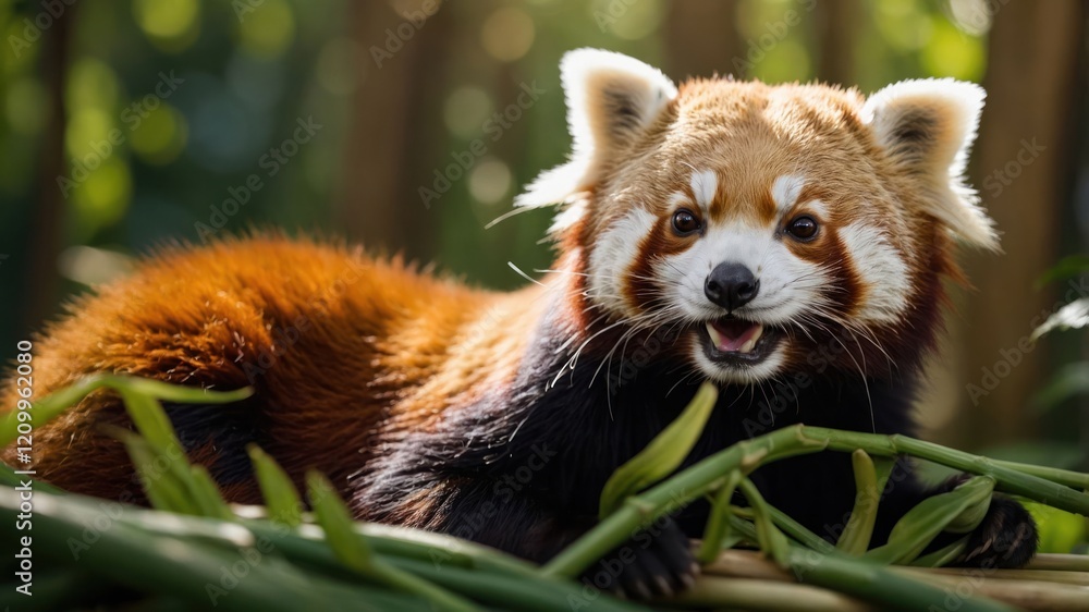 Fototapeta premium A red panda resting on bamboo, showcasing its playful demeanor in a natural setting.