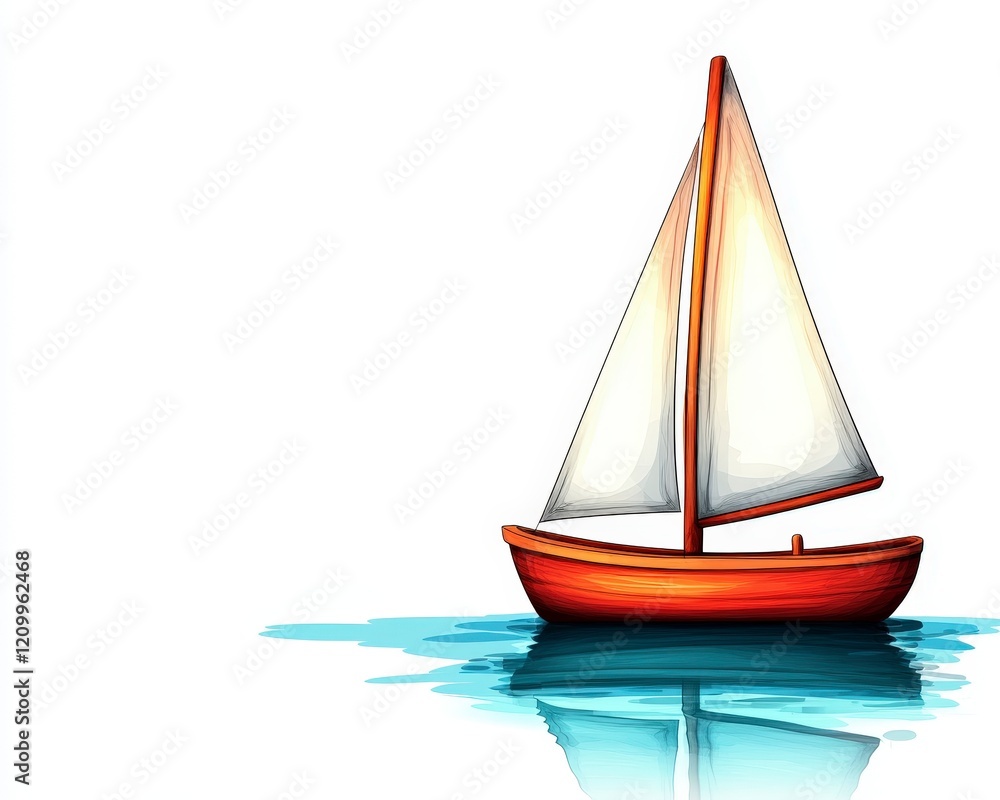 Vibrant Red Sailboat Gliding on Calm Water Surrounded by Serenity Vibrant Red Sailboat Gliding on Calm Water Surrounded by Serenity