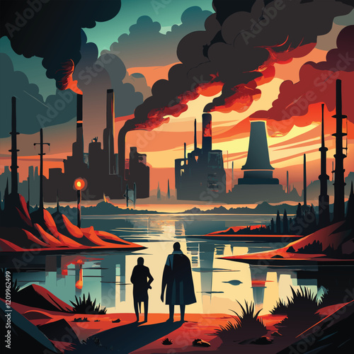 A lone figure confronts a polluted industrial landscape.