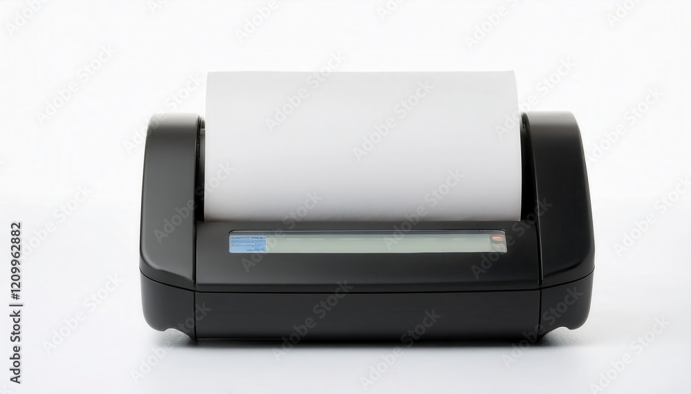 Compact thermal printer with paper roll on a white background. Compact thermal printer with paper roll on a white background.