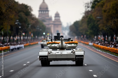 An impressive main battle tank rolls down the road during a military parade, symbolizing strength, technological advancement, and national pride in defense capabilities. photo