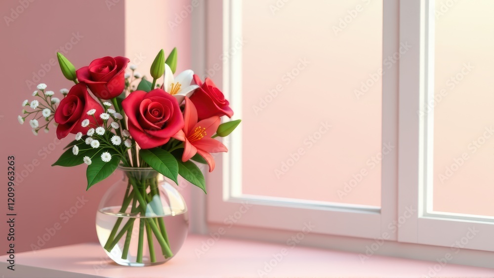 Red Roses and Lilies in Glass Vase on Window Sill Red Roses and Lilies in Glass Vase on Window Sill