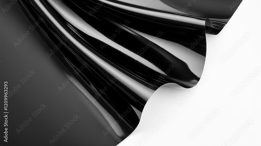 Naklejka premium Close-up of glossy black paper curl, highly detailed, smooth and reflective, soft shadows, isolated on white background, sleek and luxurious, elegant and inviting atmosphere