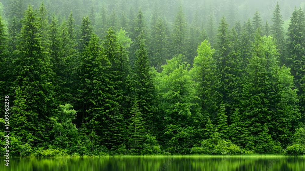 Lake shore with evergreens forest in summer