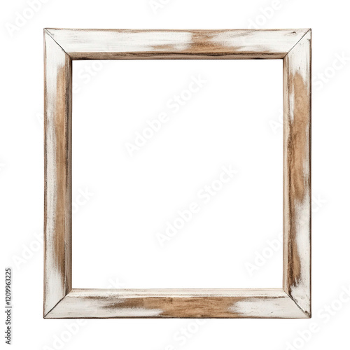 rustic wooden picture frame with a distressed white and brown finish. designed to hold artwork or photographs its empty interior suggests it is ready for personalization. making it suitable for home d photo