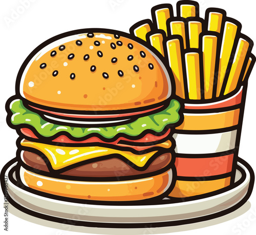 Cheese, Beef, Chicken, Hamburger, Burger and french fries in plate