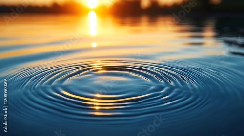 Sunset Ripple: Concentric ripples spread across the still surface of a lake or river at sunset, reflecting the warm golden hues of the setting sun. The image evokes serenity and peace. 