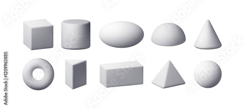 3d set of white simple figures isolated. Render basic geometric shapes icons. Cone, cube, cuboid, pyramid, cylinder, sphere, ellipse, ring. Voluminous geometry figures elements. Vector illustration