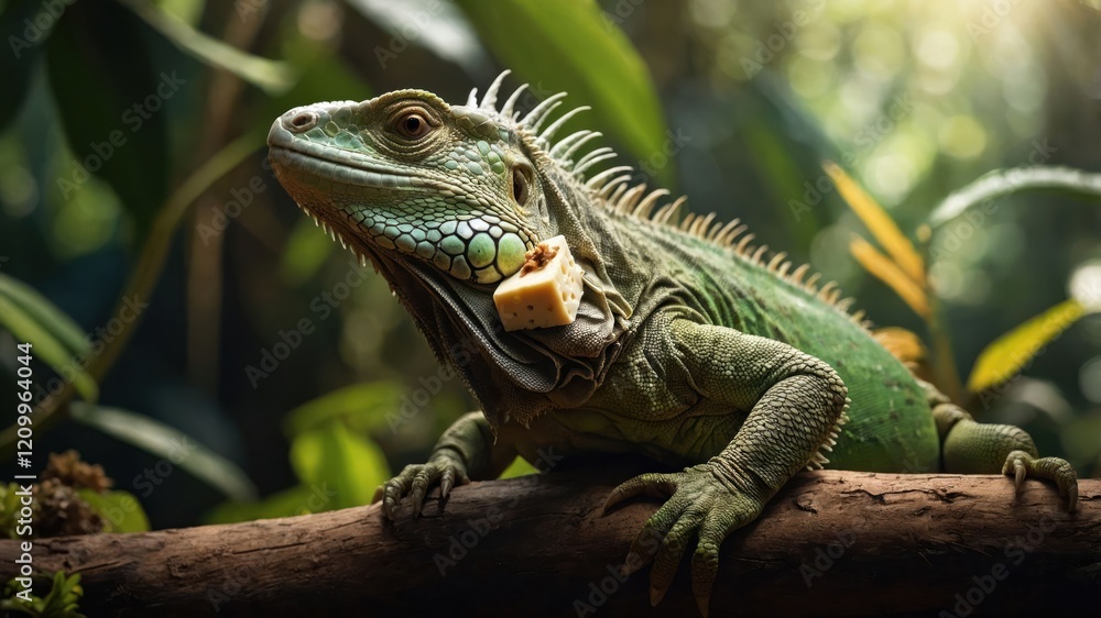 A vibrant green iguana perched on a branch, holding a piece of cheese in its mouth. A vibrant green iguana perched on a branch, holding a piece of cheese in its mouth.