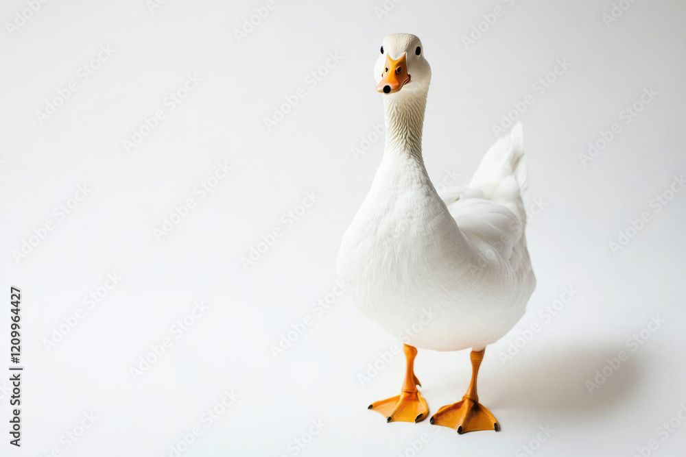 White duck standing on white background looking forward