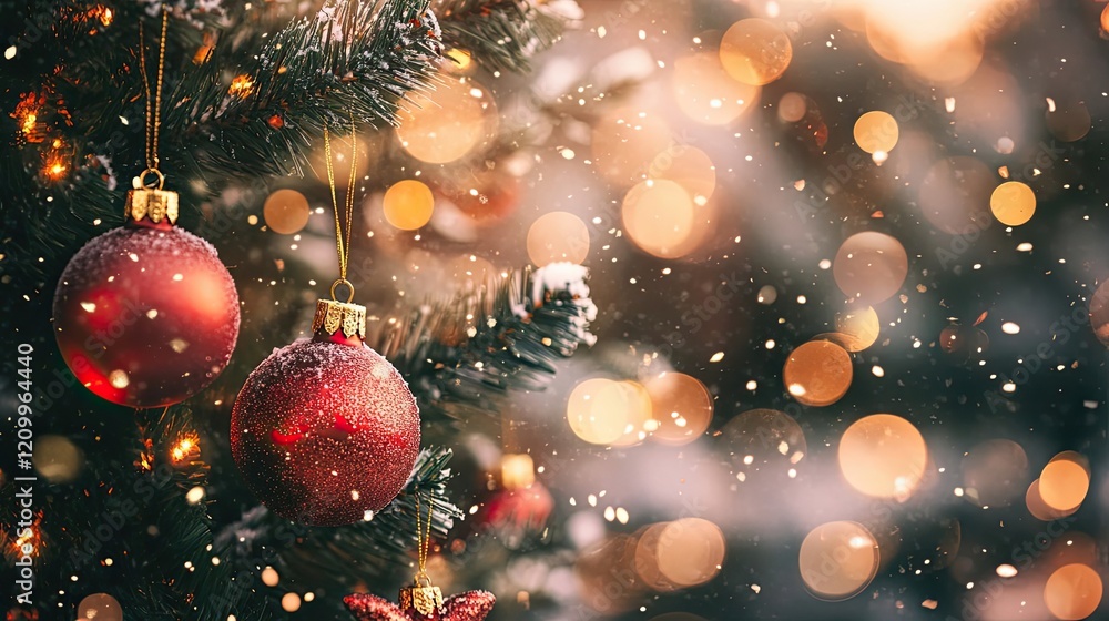 Festive Red Ornaments Adorn Snowy Christmas Tree Festive Red Ornaments Adorn Snowy Christmas Tree