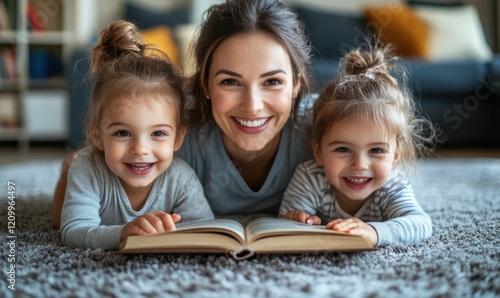 Young happy mother reading a book with her two little cute children lying on floor in living room at home. Smiling woman spending time with kids. Family leisure time together concept