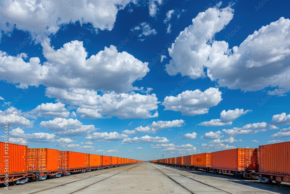 Fototapeta premium train yard with rows of orange shipping containers under a bright blue sky