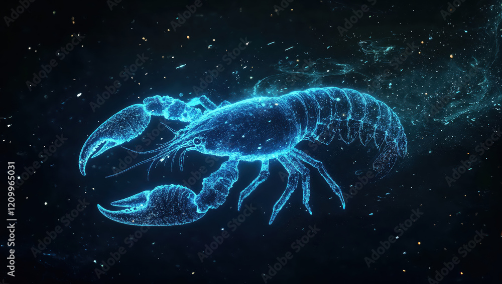 Blue glowing hologram of a lobster swimming in deep space