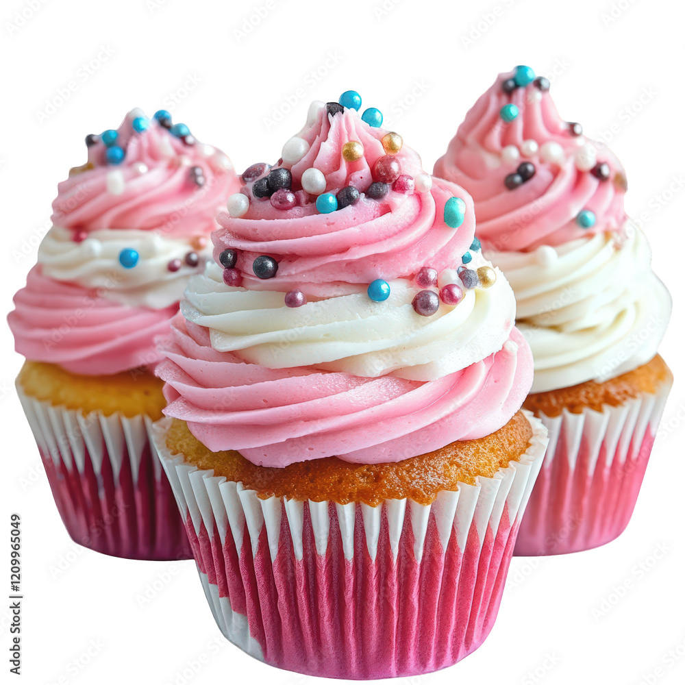 three beautifully decorated cupcakes with pink and white swirled frosting topped with colorful sprinkles the cupcakes are arranged attractively. highlighting their appealing design. making them perfec three beautifully decorated cupcakes with pink and white swirled frosting topped with colorful sprinkles the cupcakes are arranged attractively. highlighting their appealing design. making them perfec