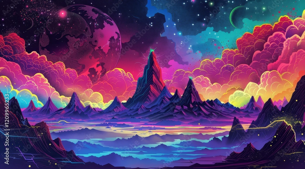 A vibrant and colorful landscape with a mountain range in the foreground, a large planet in the background, and a starry night sky. A vibrant and colorful landscape with a mountain range in the foreground, a large planet in the background, and a starry night sky.