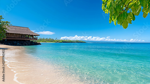 Makaiwa Bay with ancient hawaiian home in the distance, near Mauna Lani resort, on the Kohala coast, Big Island, Hawaii  photo