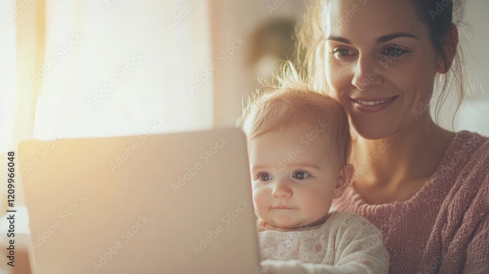 A mother smiles as she interacts with her baby while working on a laptop in a warm, light-filled home atmosphere A mother smiles as she interacts with her baby while working on a laptop in a warm, light-filled home atmosphere