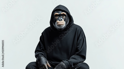 Ape wearing a blank black hoodie mockup on white background photo