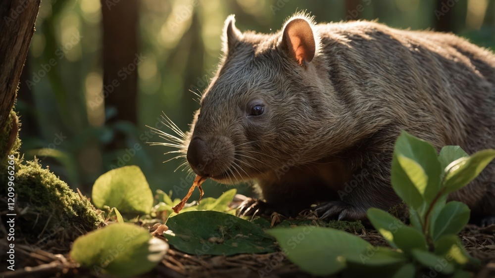 A close-up of a wombat foraging among green leaves in a sunlit forest. A close-up of a wombat foraging among green leaves in a sunlit forest.